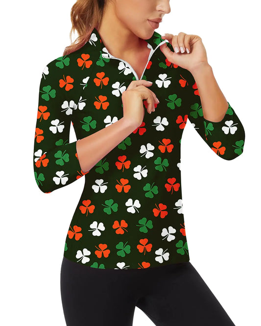 Soneven Womens Polo Shirts 3/4 Sleeve Equestrian Shirts Golf Polo St Patricks Day Shirt