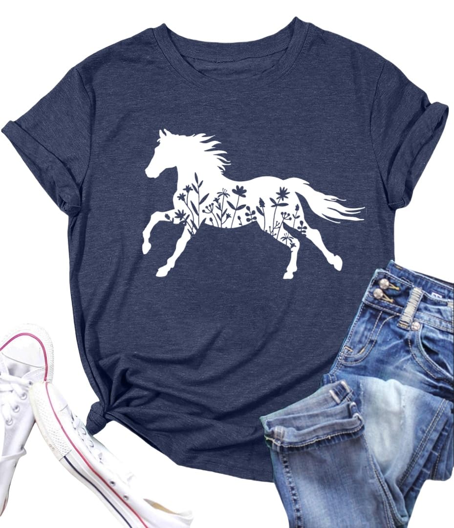 Women's Horse Lover Graphic T-Shirt - Cyan, Large