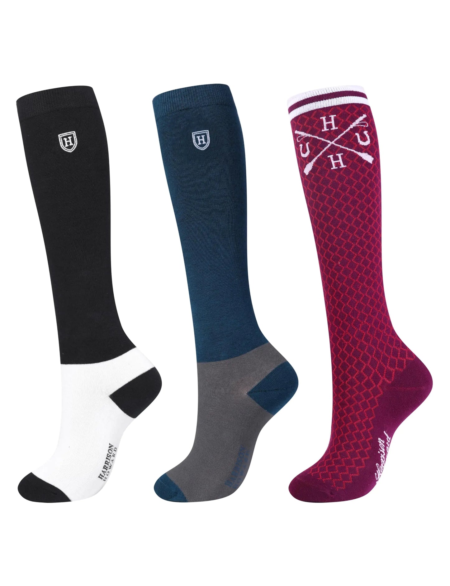 Harrison Howard Knee-High Riding Socks, 3 Pairs - Peacock Blue/Black/Strawberry