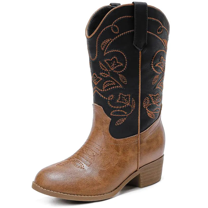 LAURMOSA Girls' Mid-Calf Cowgirl Boots - Black Brown, 13 Little Kid