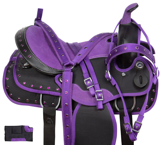 Acerugs Western Horse Saddle Set PAD Headstall REINS Breast Collar TACK Light Weight Synthetic Cordura (Purple 17")