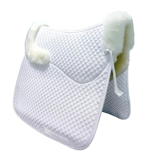 Woolous White Dressage Sheepskin Saddle Pad Square Horse Saddle Pad Cotton Lining with Sheep Skin Trim for Equestrian Riding (White/Ivory)